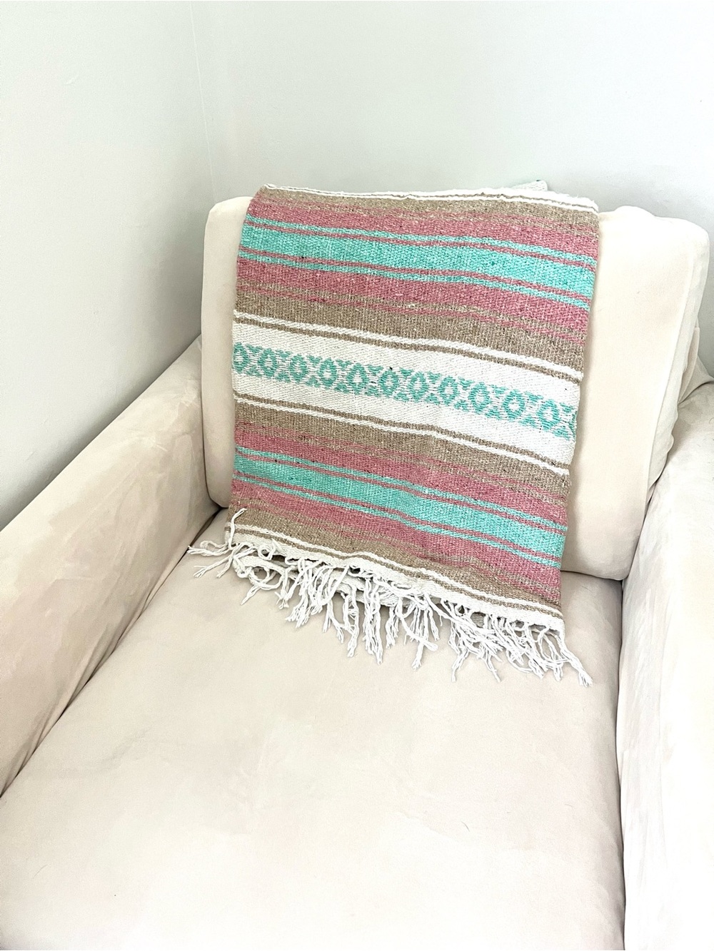 Handwoven Falsa boho blanket in Pink, Turquoise and Tan